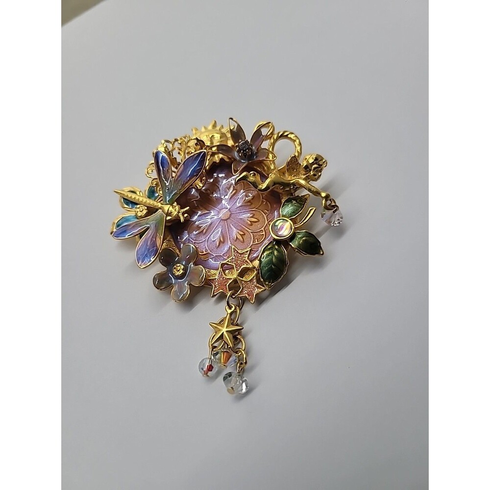 Vintage Kirks Folly Fairy Dragonfly Garden Brooch Iridescent Medallion Retired - Picture 6 of 16